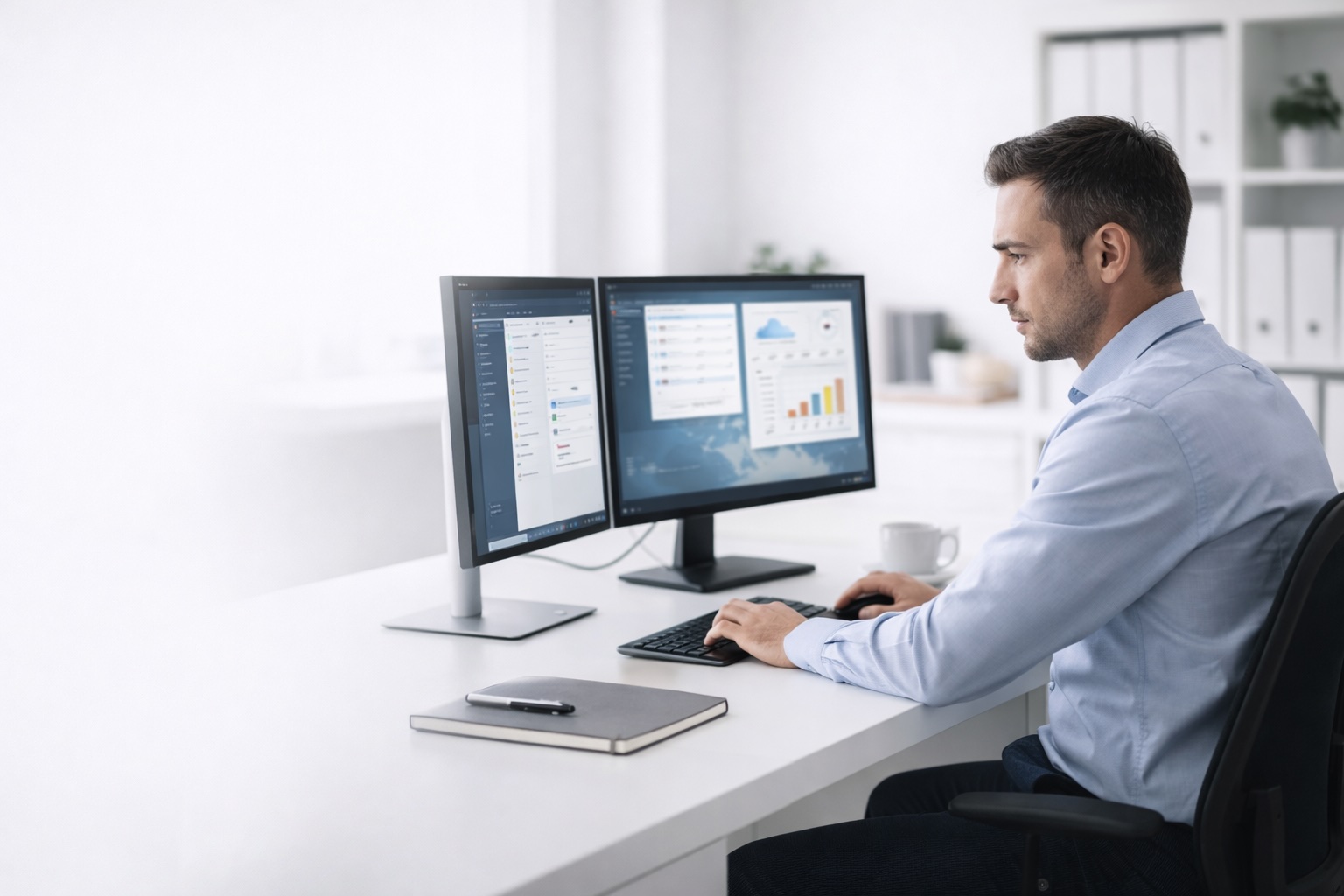 Mitarbeiter am Cloud-Arbeitsplatz mit Dual-Monitor