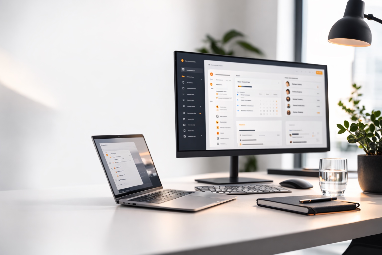 Moderner Cloud-Arbeitsplatz mit Monitor und Laptop