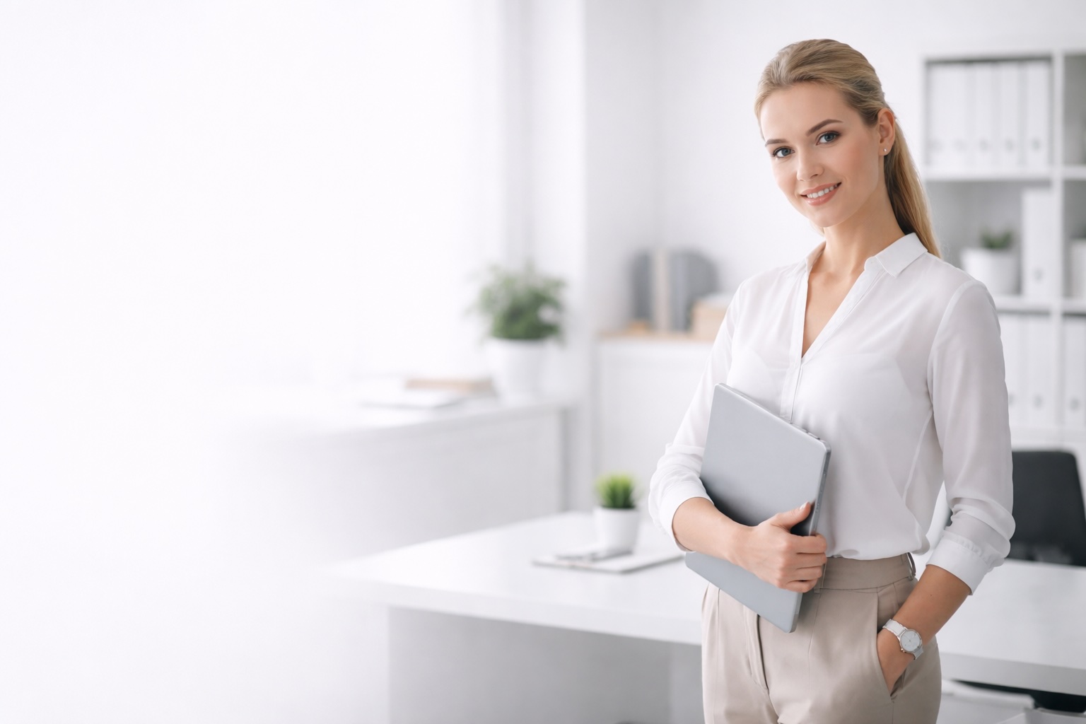 Geschäftsfrau im modernen Büro mit Laptop