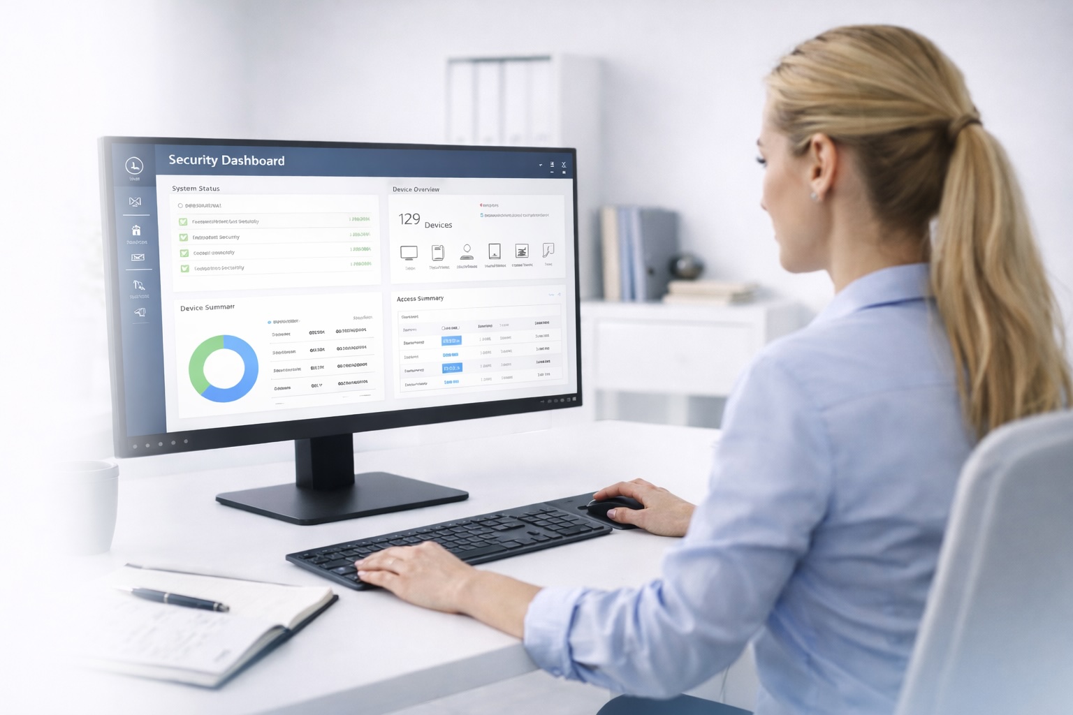 IT-Administratorin prüft Security-Dashboard