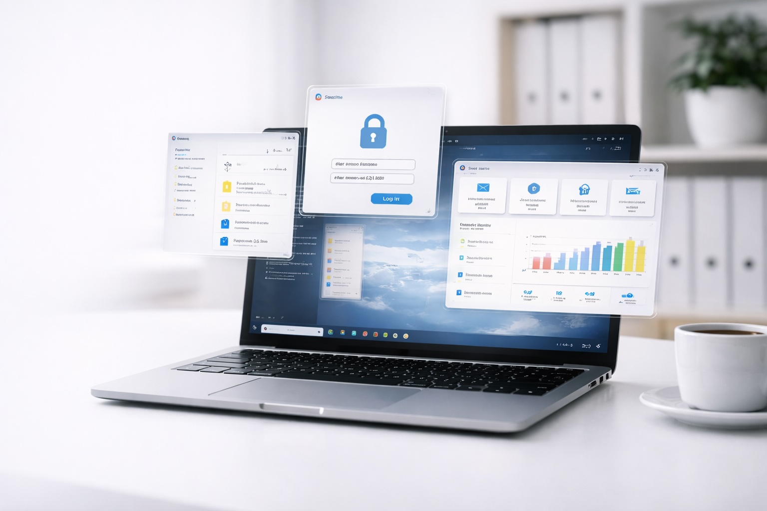 Cloud-Arbeitsplatz auf Laptop mit Sicherheitsfunktionen